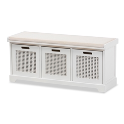 Baxton Studio Tabor Modern and Contemporary Beige Fabric Upholstered and White Finished Wood 3-Basket Storage Bench with Rattan Accent Affordable modern furniture in Chicago, classic dining room furniture, modern dining bench, cheap dining bench
